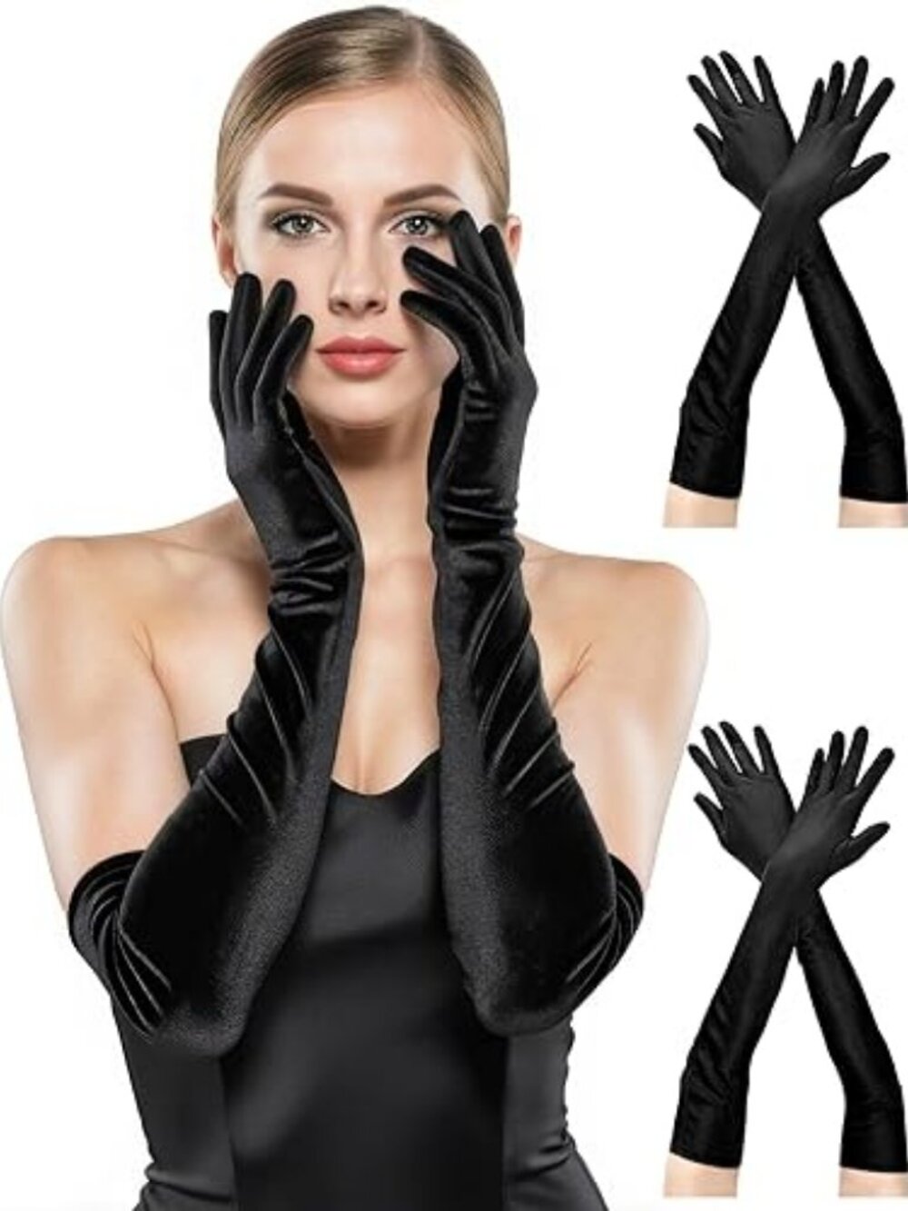 2 Pairs Long Black Opera Gloves Women Satin Stretch Formal 1920s Costume Gloves